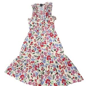 MAGGY LONDON Midi Floral Dress Ruffle Side Pocket Stretchable Waist Multicolor